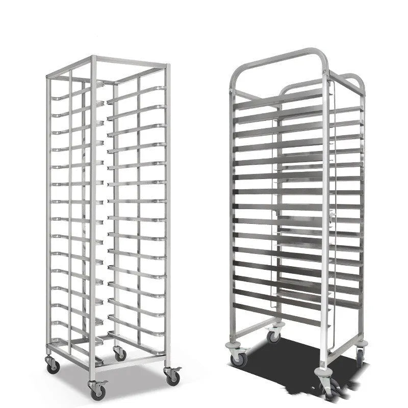 Stainless steel six-layer baking tray rack with locking mechanism for 40cm by 60cm sheets.