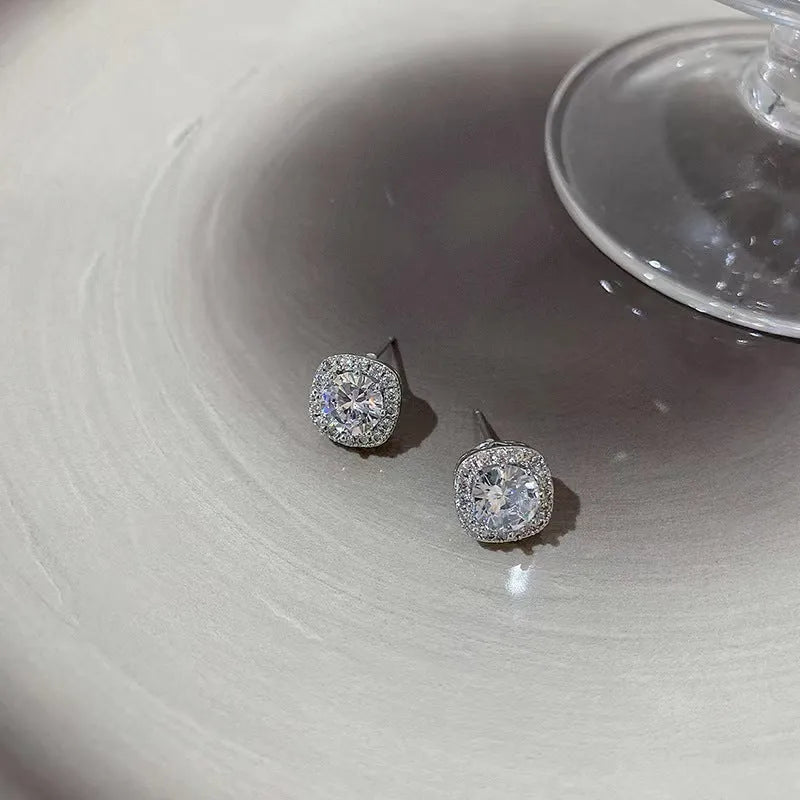 Square geometric earrings with diamond treatment finish in silver or gold colour options