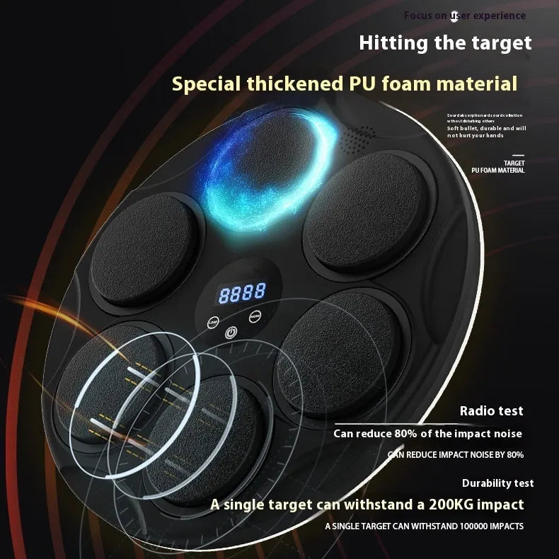 Black smart Bluetooth boxing target with coloured lights mounted on wall for fitness training