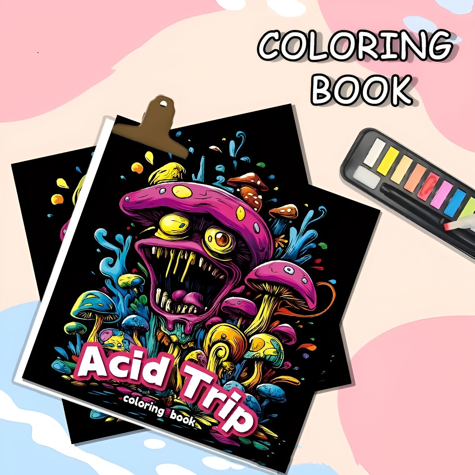 Acid tour coloured painting book showing 200mm length, open to reveal blank paper pages for drawing