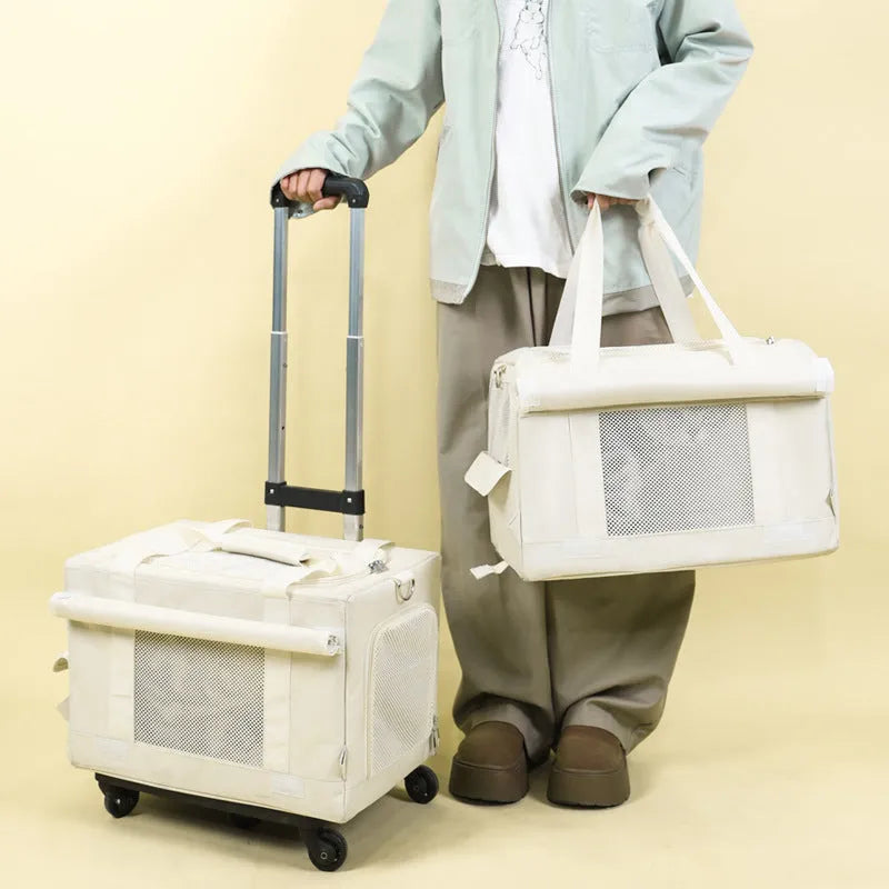 Pet trolley double-deck bus shape cat carrier bag in brown nylon with wheels and top handle