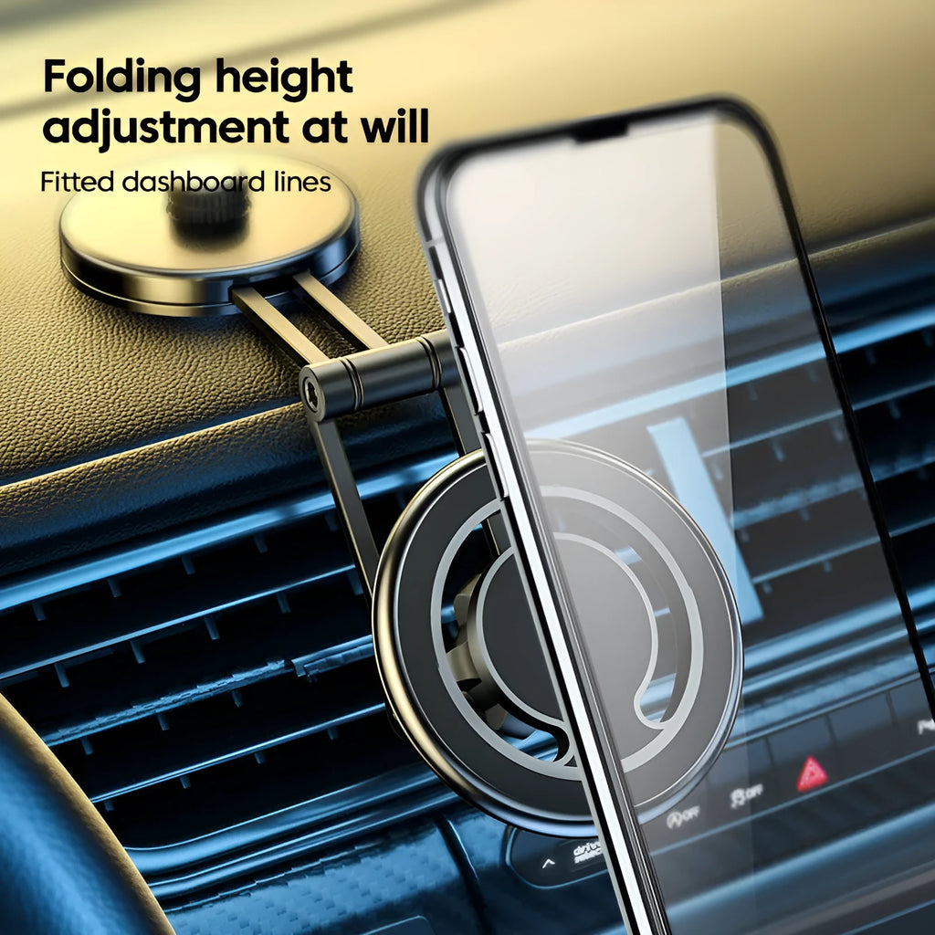 Telescopic folding car phone holder with magnetic suction base mounted on vehicle instrument panel