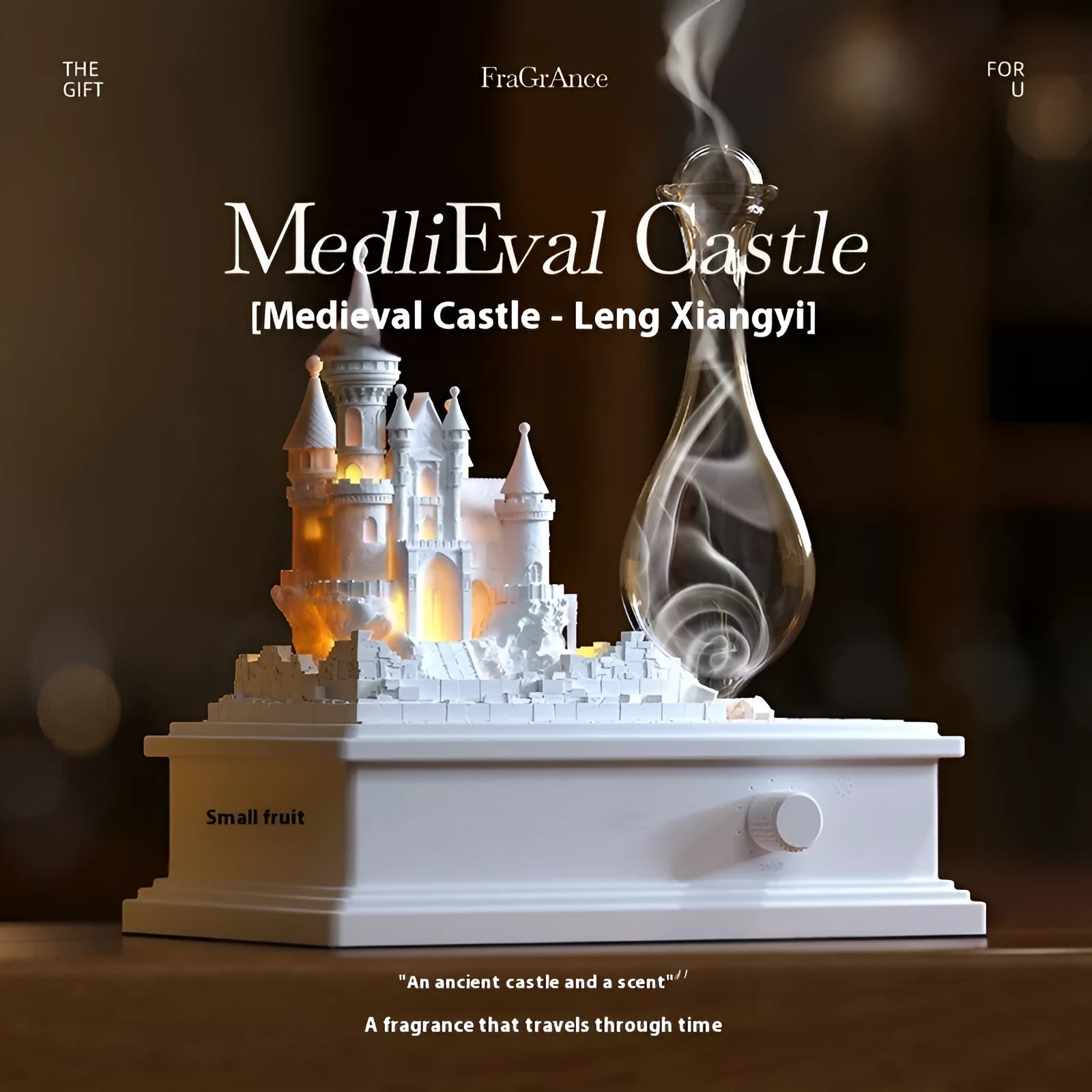 White medieval castle cold fragrance aromatherapy machine with ambient lighting on wooden surface