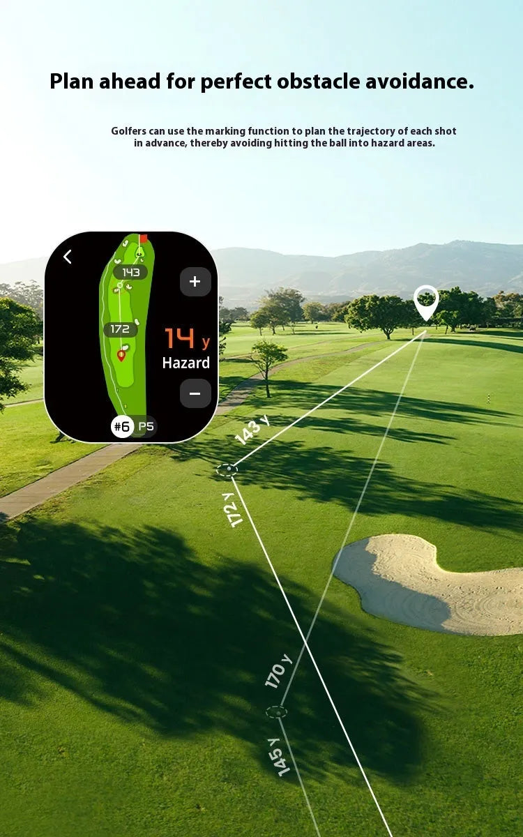Black GPS laser rangefinder with AMOLED display showing distance measurement and mapping interface