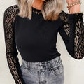 Black knitted long-sleeved top with leopard print mesh stitching for women
