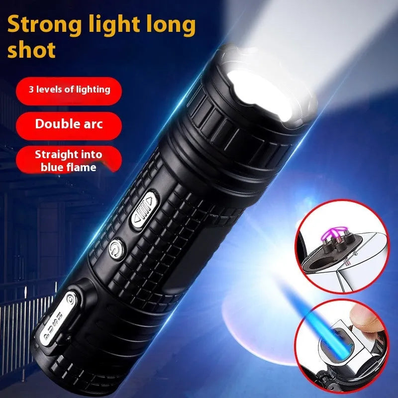 TH727 multifunction metal flashlight lighter in camouflage colour showing torch, lighter, and bottle opener.