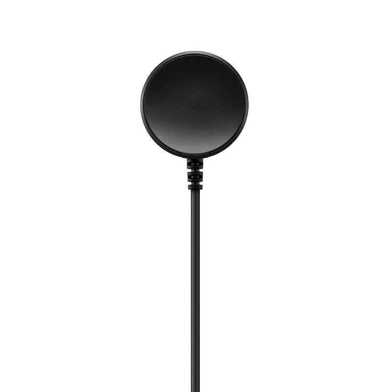 Black plastic USB wireless fast charger for watches, measuring 34mm by 10mm.