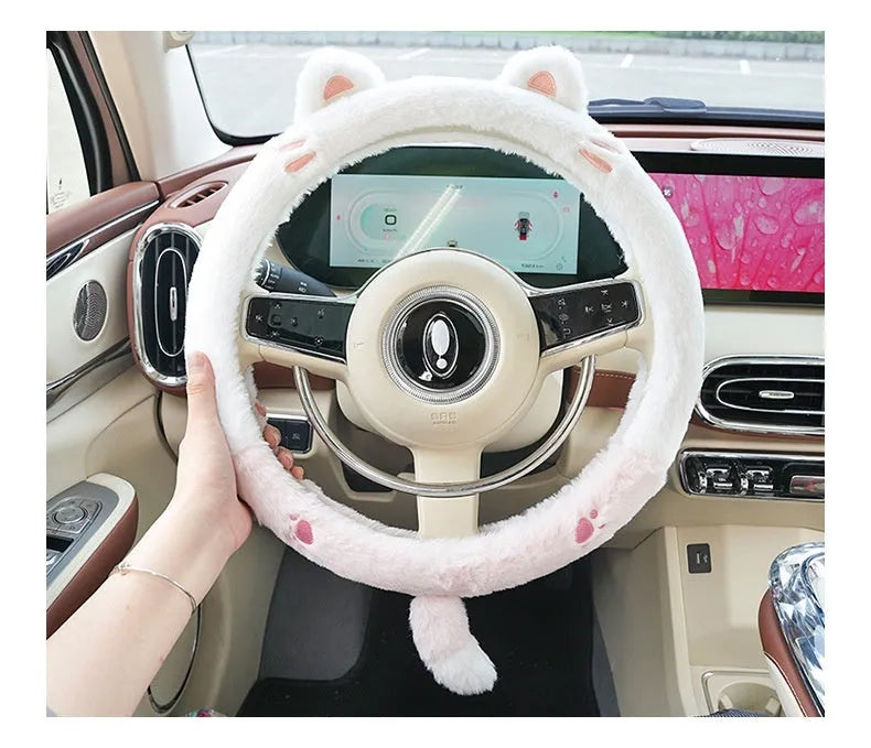 Plush cartoon animal embroidered steering wheel cover with rabbit fur, for winter.
