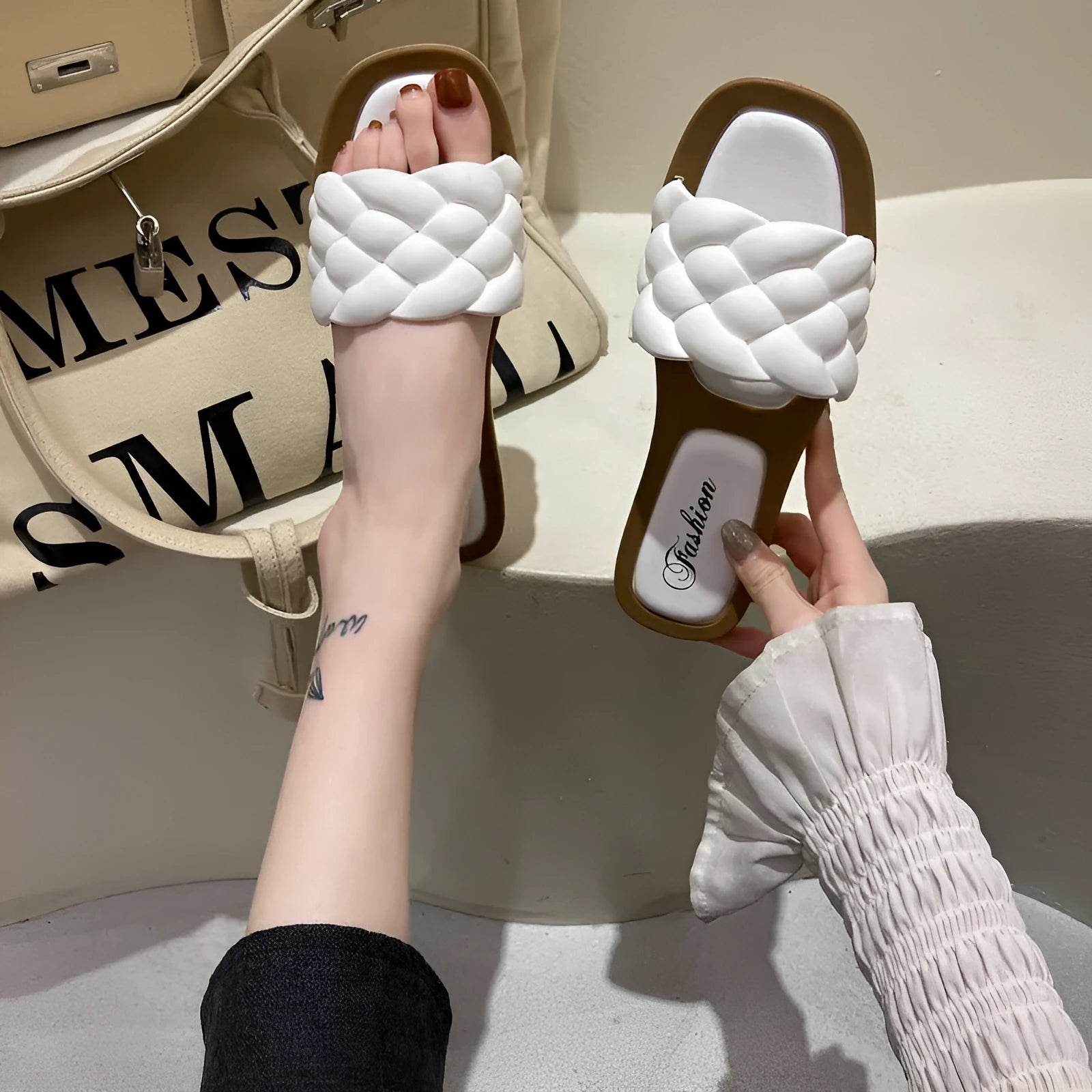 Women's plaid pattern PVC beach sandals with a thick non-slip sole in black, green, orange, or white.