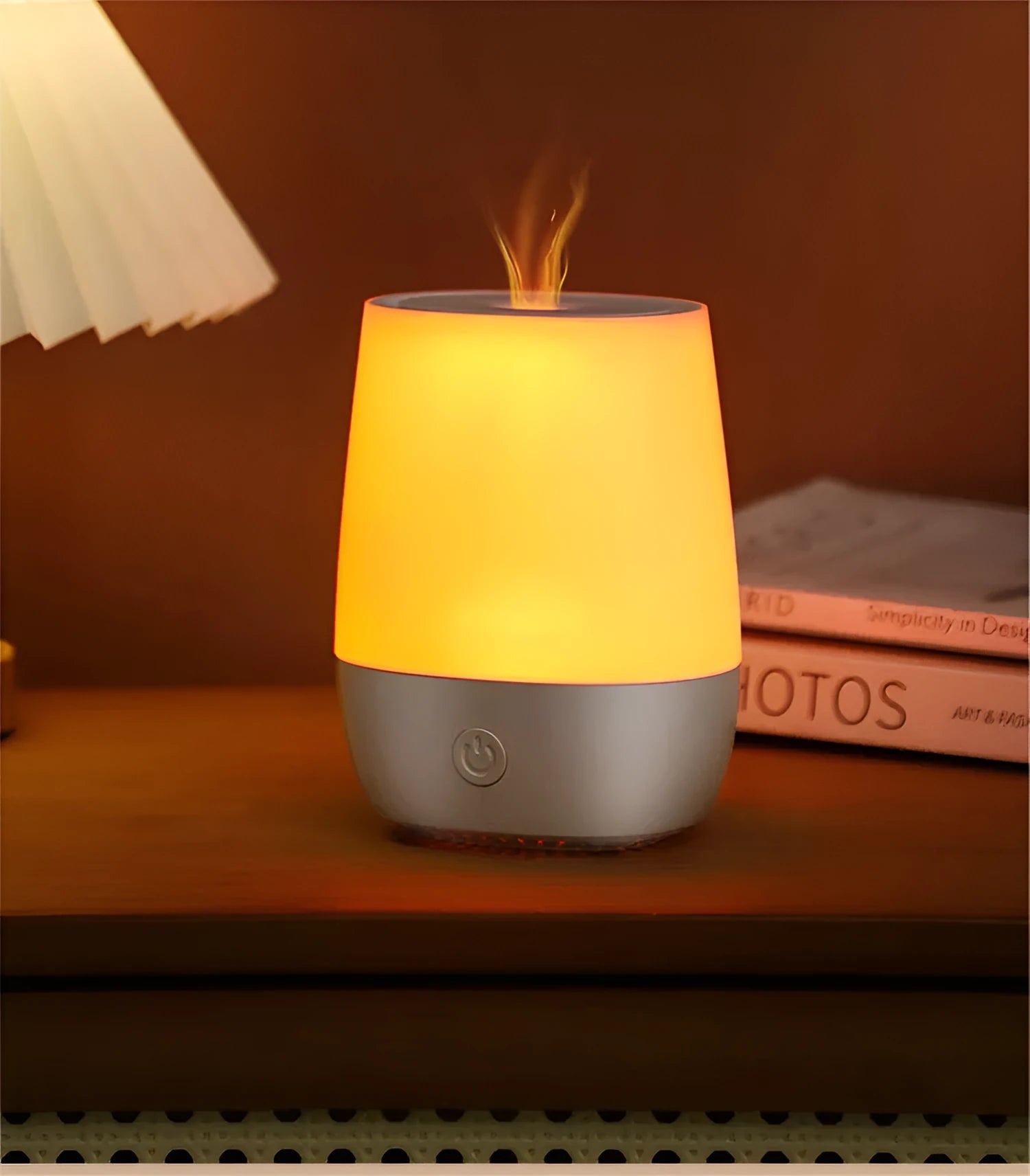 White USB aroma diffuser humidifier with simulated flame effect and Type-C connection