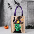 Halloween candy tote bag in linen with witch skull pumpkin and black cat designs for kids