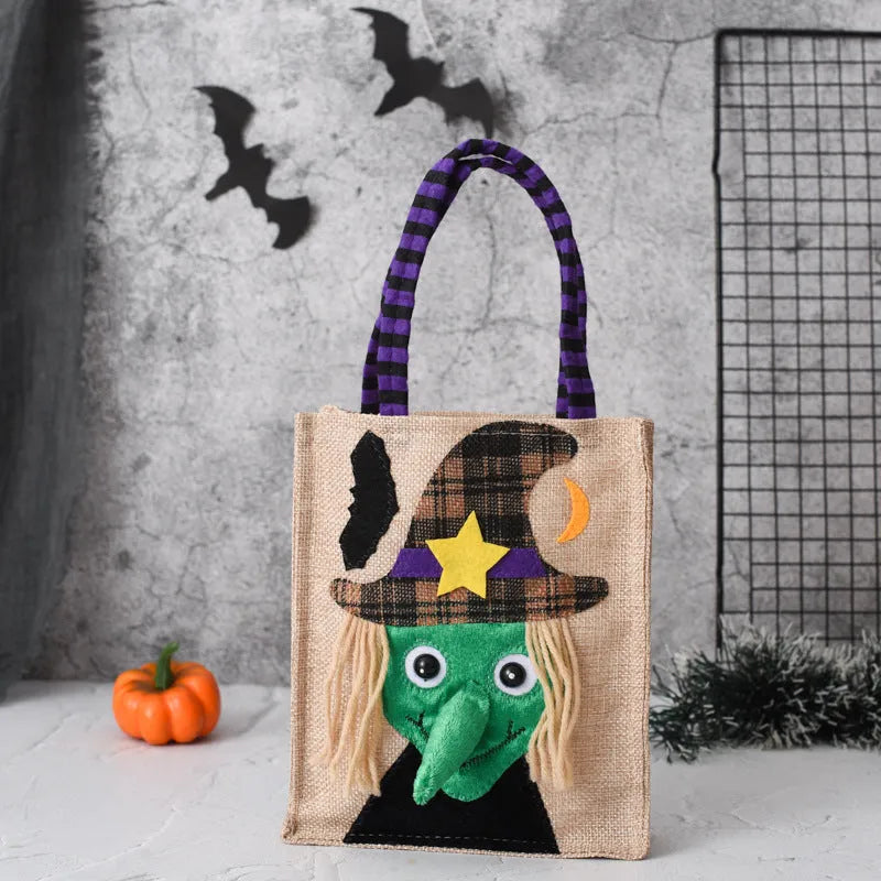 Halloween candy tote bag in linen with witch skull pumpkin and black cat designs for kids