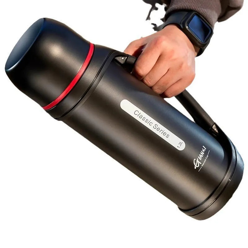 1200ml stainless steel insulated travel mug with double lid in black green or natural colour