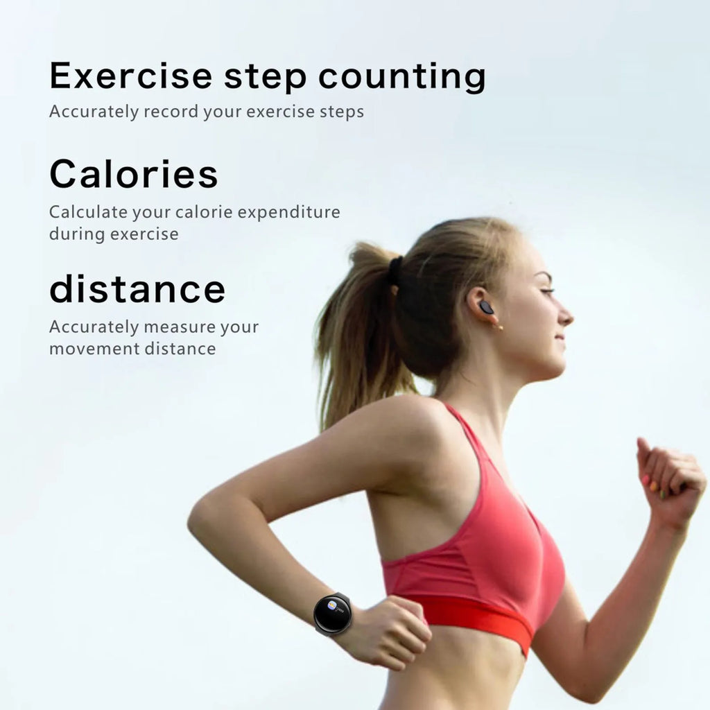 Black smart fitness bracelet with detachable TWS Bluetooth earbuds on a wrist, showing a colour screen display.