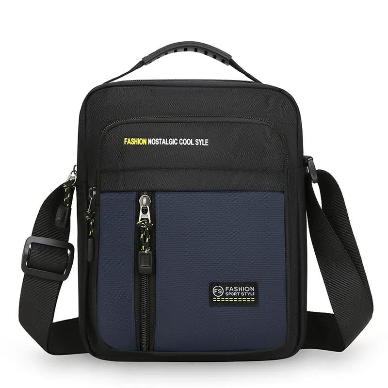 Men's casual nylon crossbody messenger bag showing sewing thread detail, available in black, blue, gray, or green.