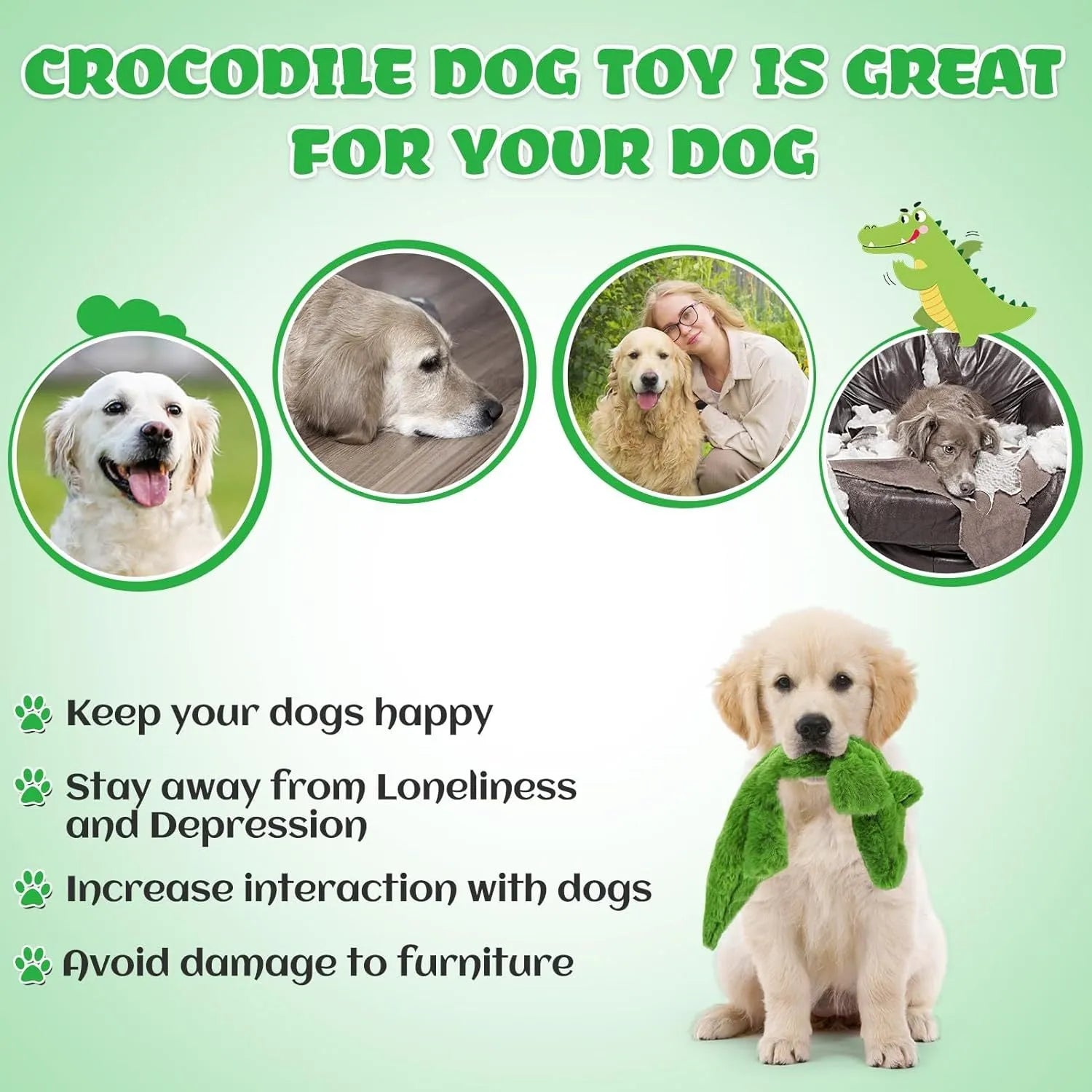 Green plush crocodile dog toy with no stuffing, featuring squeaker in head and crinkle paper in tail