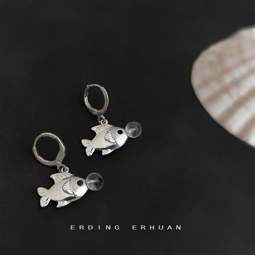 Bubble fish design copper earrings with electroplated finish and goldfish decorative elements