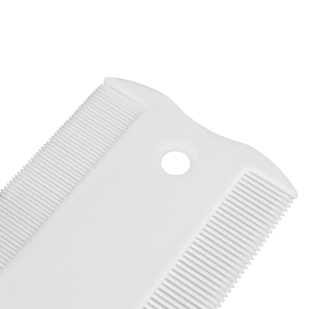 Double-sided plastic flea comb for pets showing dense teeth and compact size