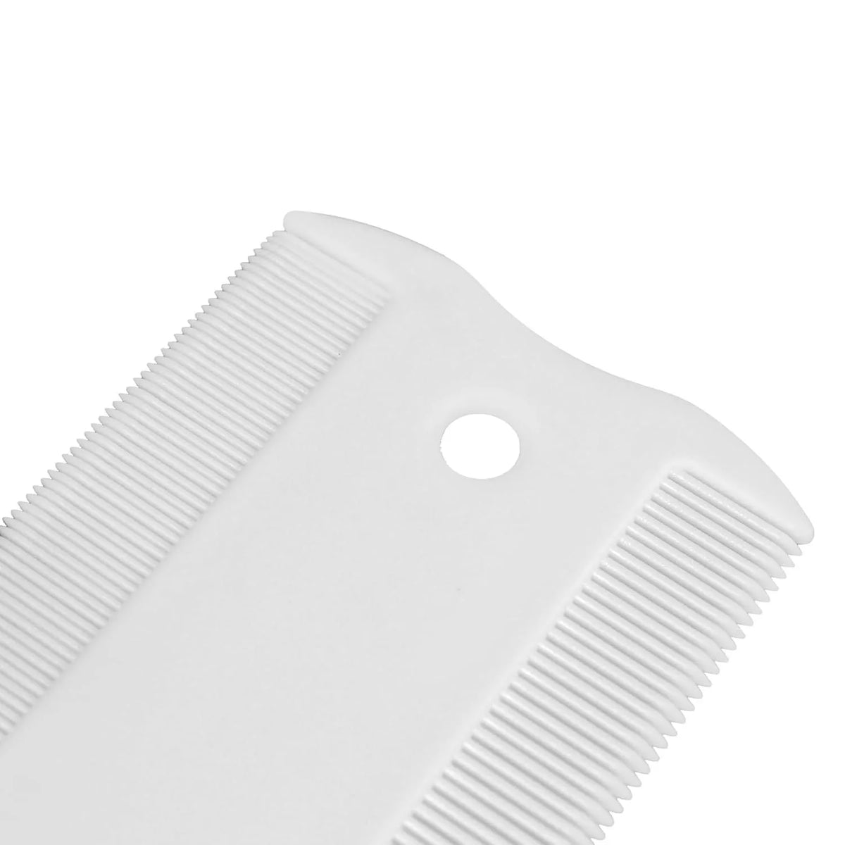 Double-sided plastic flea comb for pets showing dense teeth and compact size