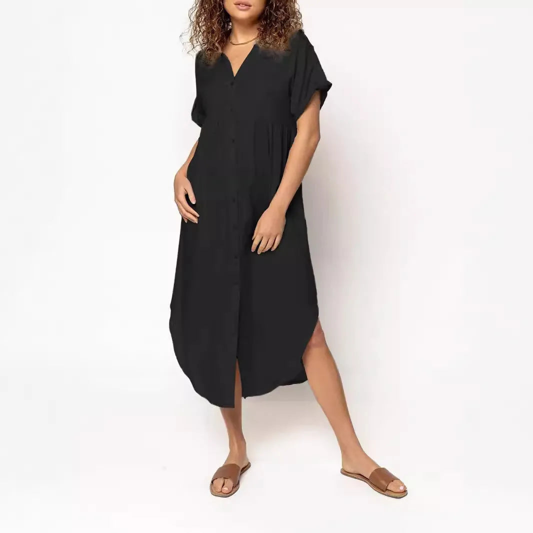 Women's button-front casual midi dress in polyester fabric with loose fit and regular sleeves
