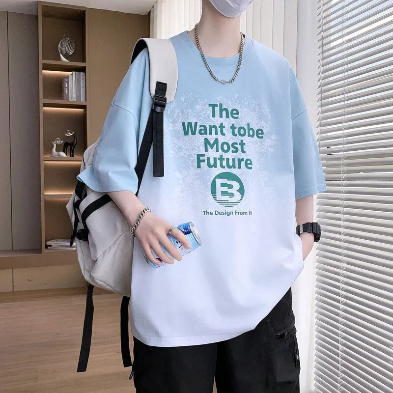 Boys youth printed T-shirt in dark blue, short sleeve, drop shoulder, cotton blend, sizes M-3XL