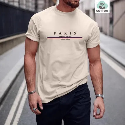 Men's loose-fit short-sleeved T-shirt with a printed letter design, shown in apricot colour.