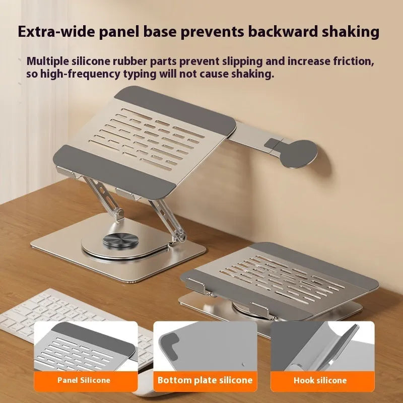 Silver carbon steel laptop stand with a rotatable magnetic phone holder attached, shown supporting a laptop.