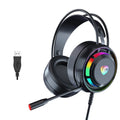 Black wired over-ear gaming headphones with microphone and long cable, shown with 3.5mm plug and USB version options.