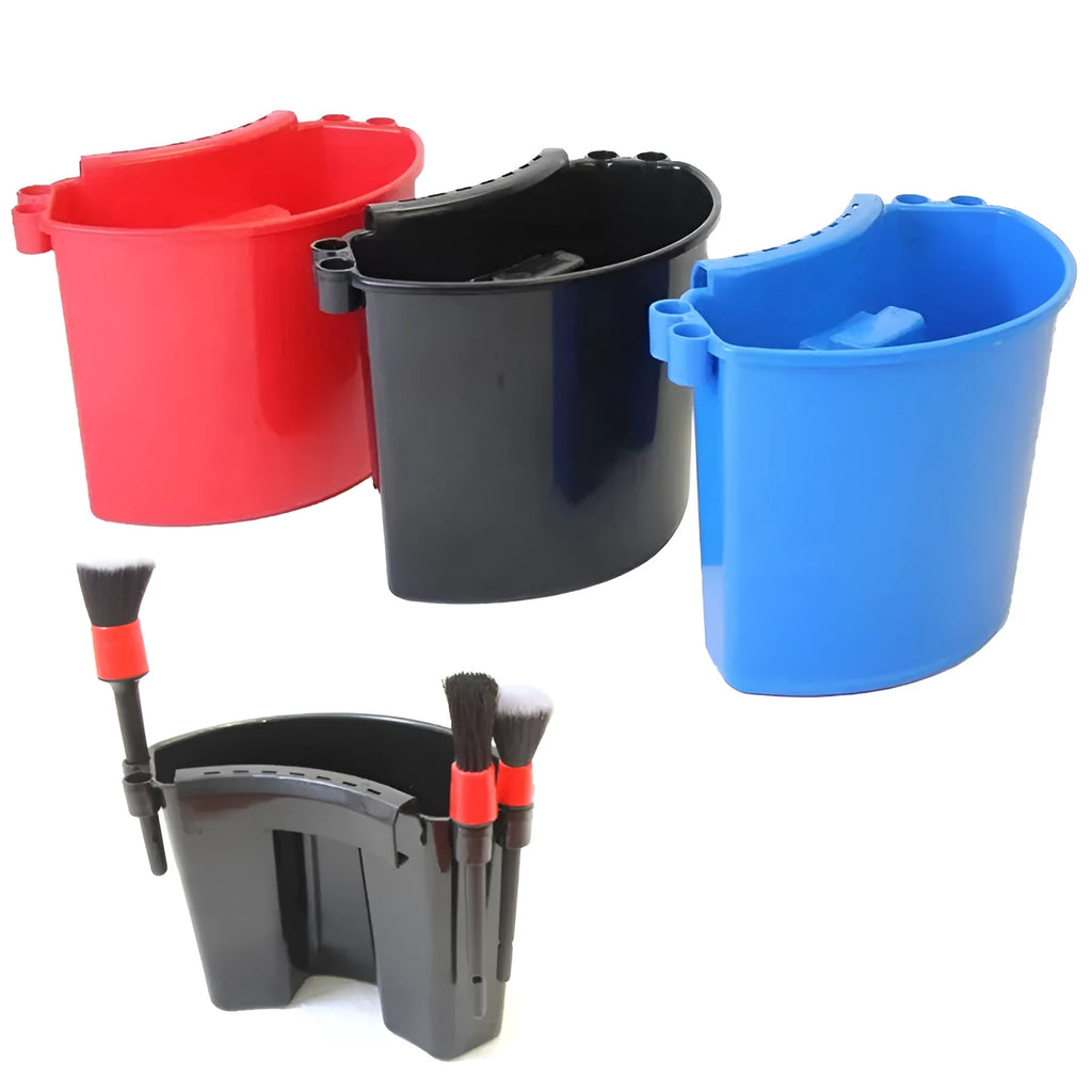 A PP plastic car wash bucket available in black, red, blue, and pink colours.