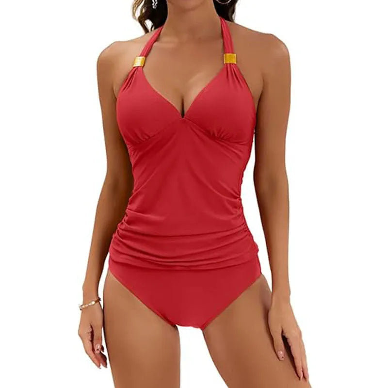 Women's halter neck split tie two piece swimsuit in milk silk fabric available in multiple colours
