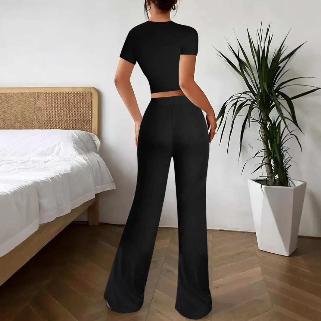 Black women's high waist trousers and regular sleeve short sleeve top matching set