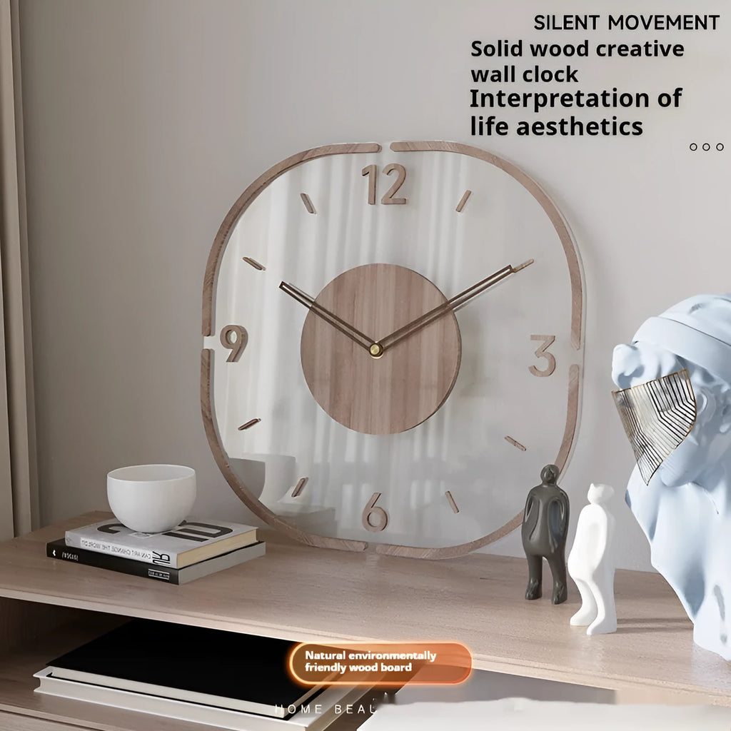 Square transparent wall clock with a wooden frame on a plain wall, showing modern design