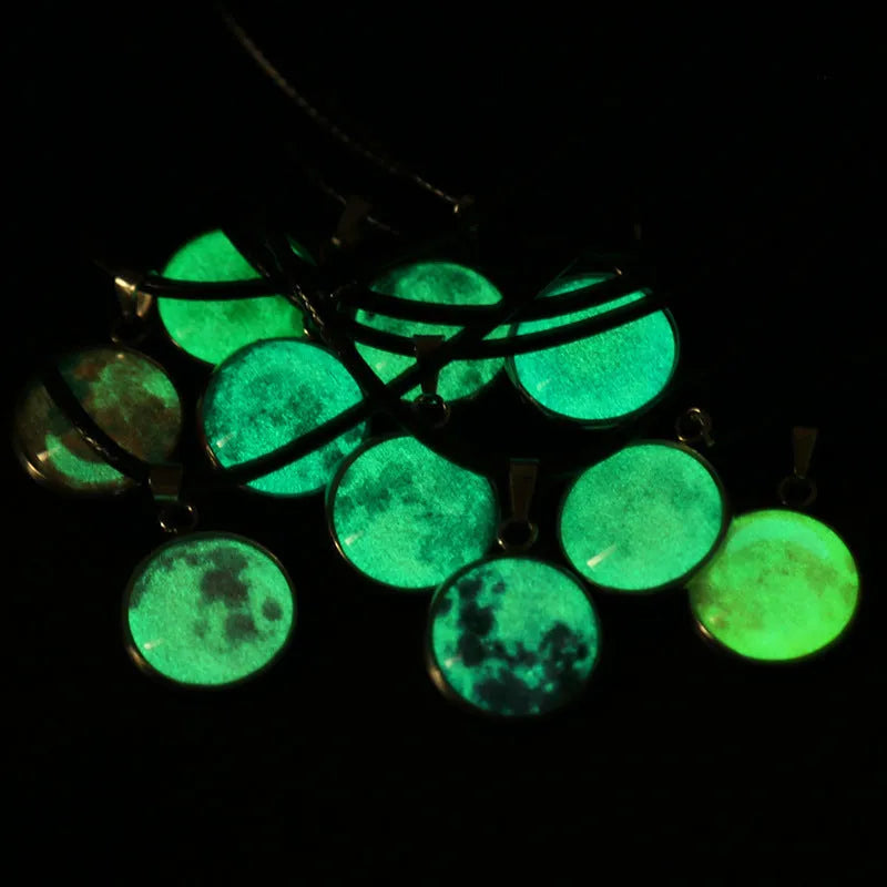 Luminous moon and night sky constellation pendant necklace on an alloy chain, simple unisex style.