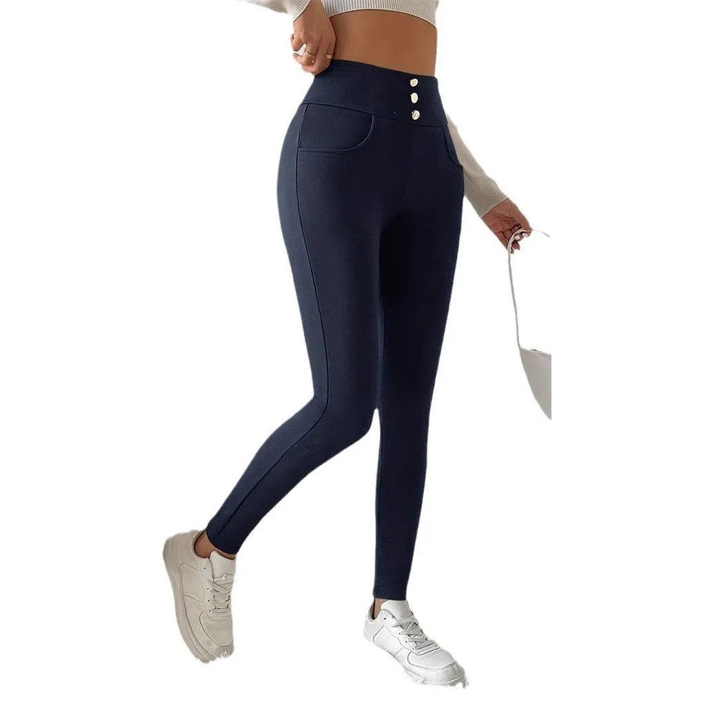Women's navy blue high waist straight leg trousers with Japanese Korean casual style