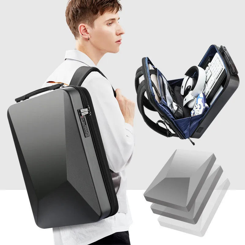 PC hard shell gaming backpack in Titanium Gold and Silver colour with anti-theft lock and multiple internal pockets