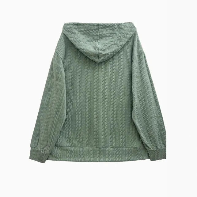 Green women's hooded sweater coat with full-length front zipper in loose casual style