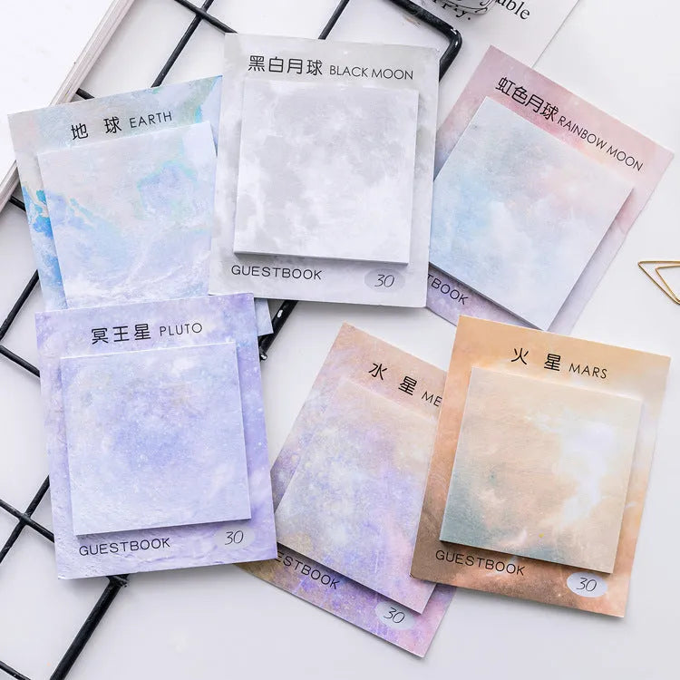 Square planet oil painting sticky notes notepad with Earth, Mars, and moon designs measuring 7.3cm