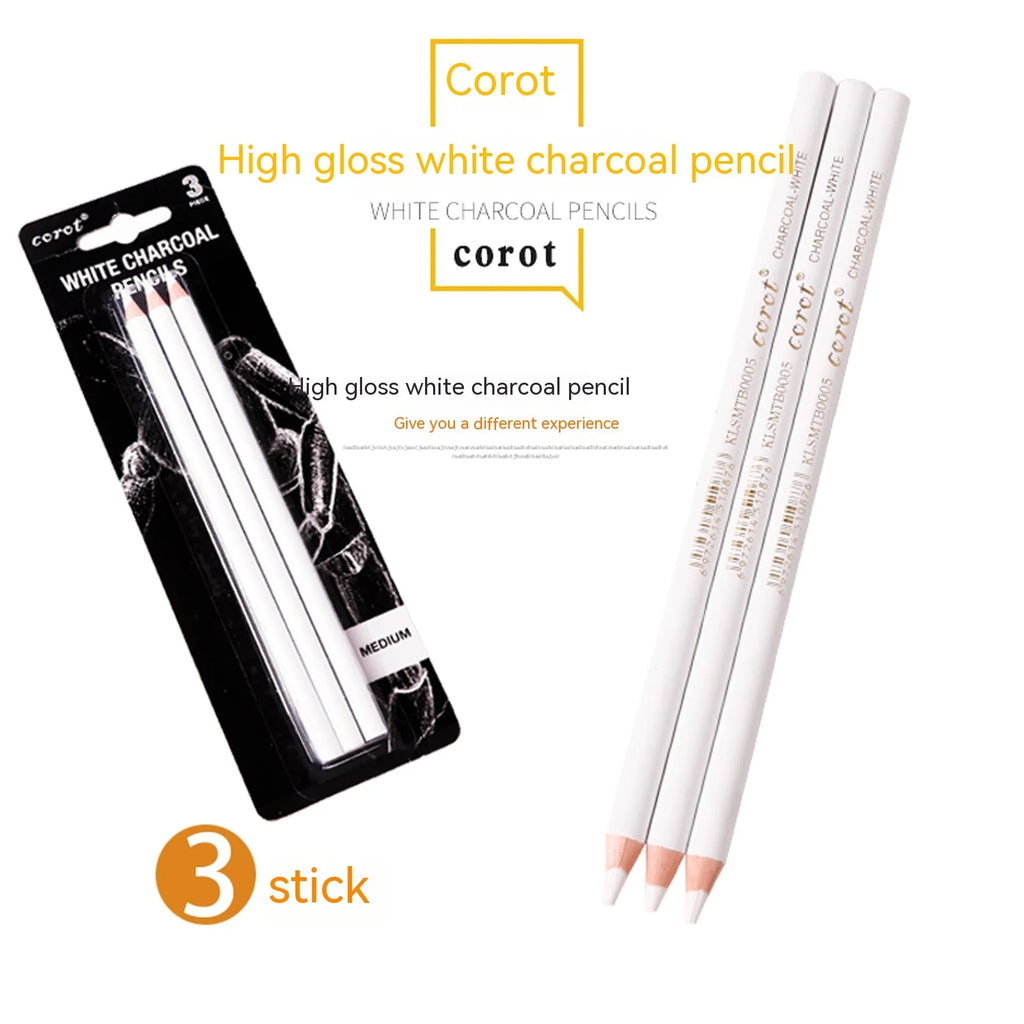 Three white charcoal pencils in wooden casings for drawing highlights on dark paper