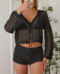 Women's hollow woven cardigan blouse with bell sleeves in imitation cotton fabric