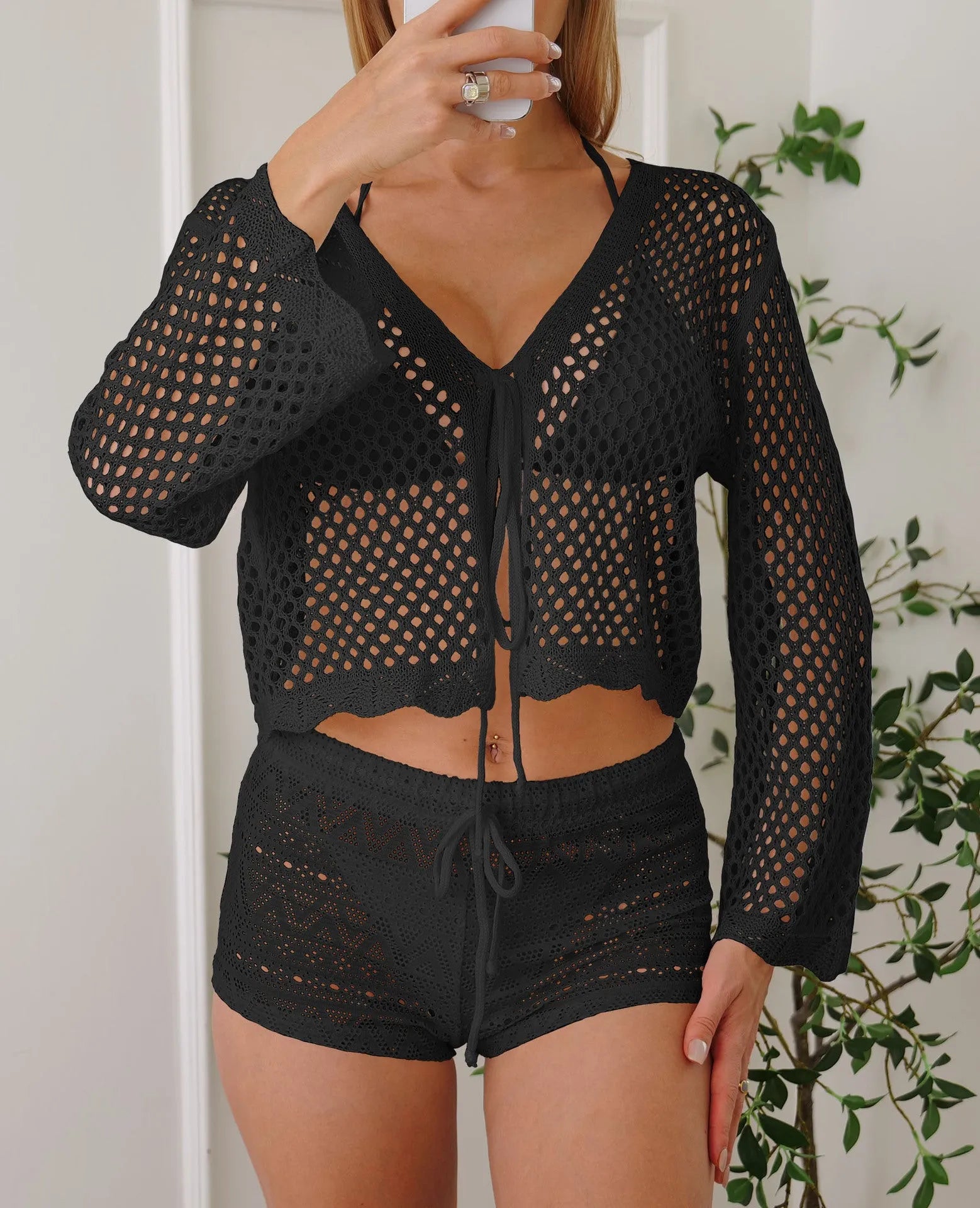 Women's hollow woven cardigan blouse with bell sleeves in imitation cotton fabric