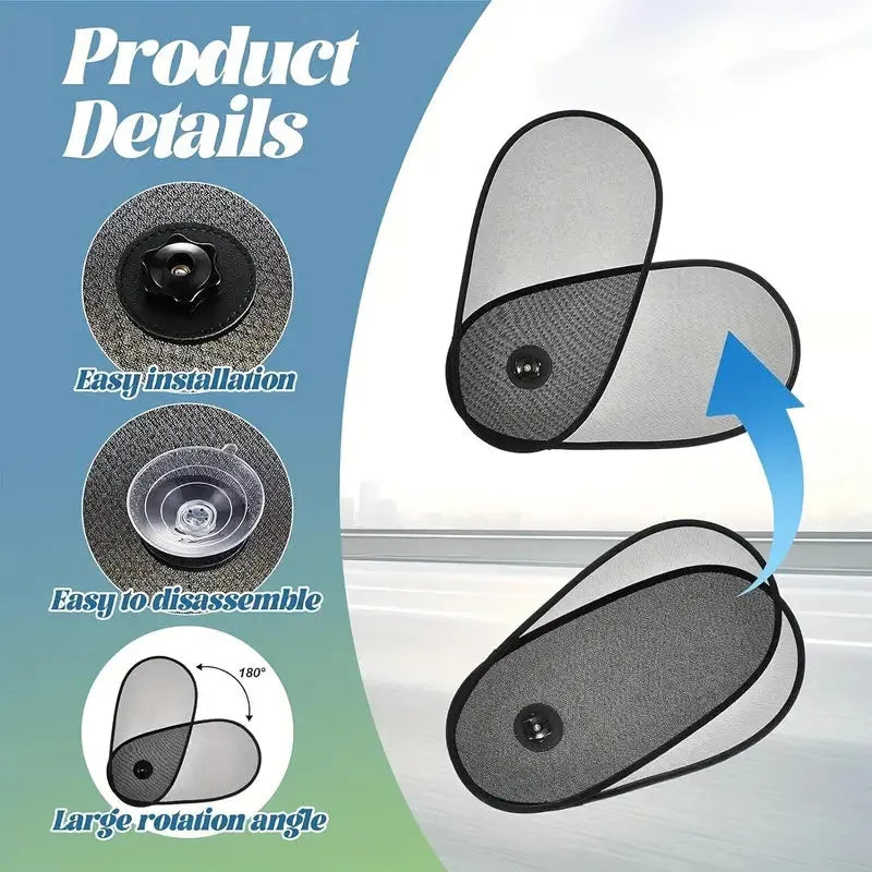 Black adjustable car window shade with suction cups mounted on vehicle side window