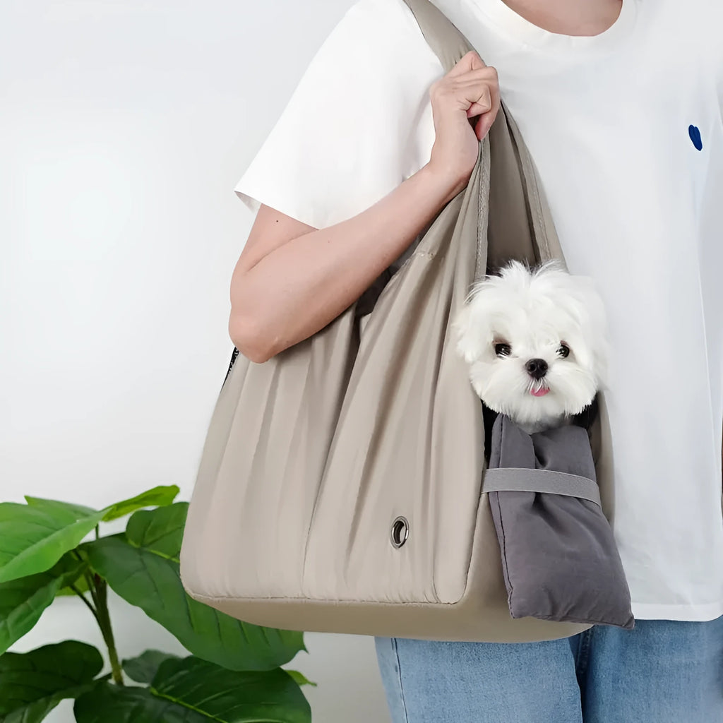 Apricot cloth pet handbag with dimensions 41 x 16 x 28 cm for summer outdoor use