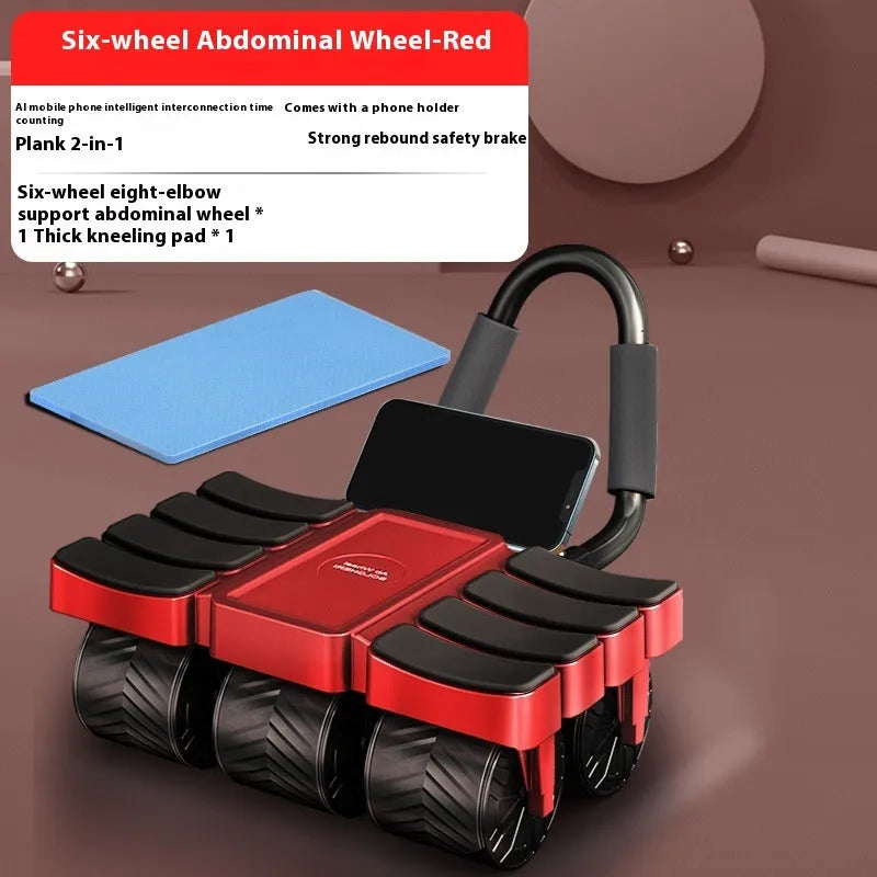 Six-wheel eight-elbow automatic rebound abdominal wheel with pad, hassock, and AI APP connectivity in Knight Black or Tough Guy Red