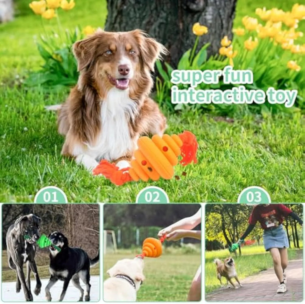 Green and yellow silicone dog ball with attached rope for tug-of-war and treat dispensing