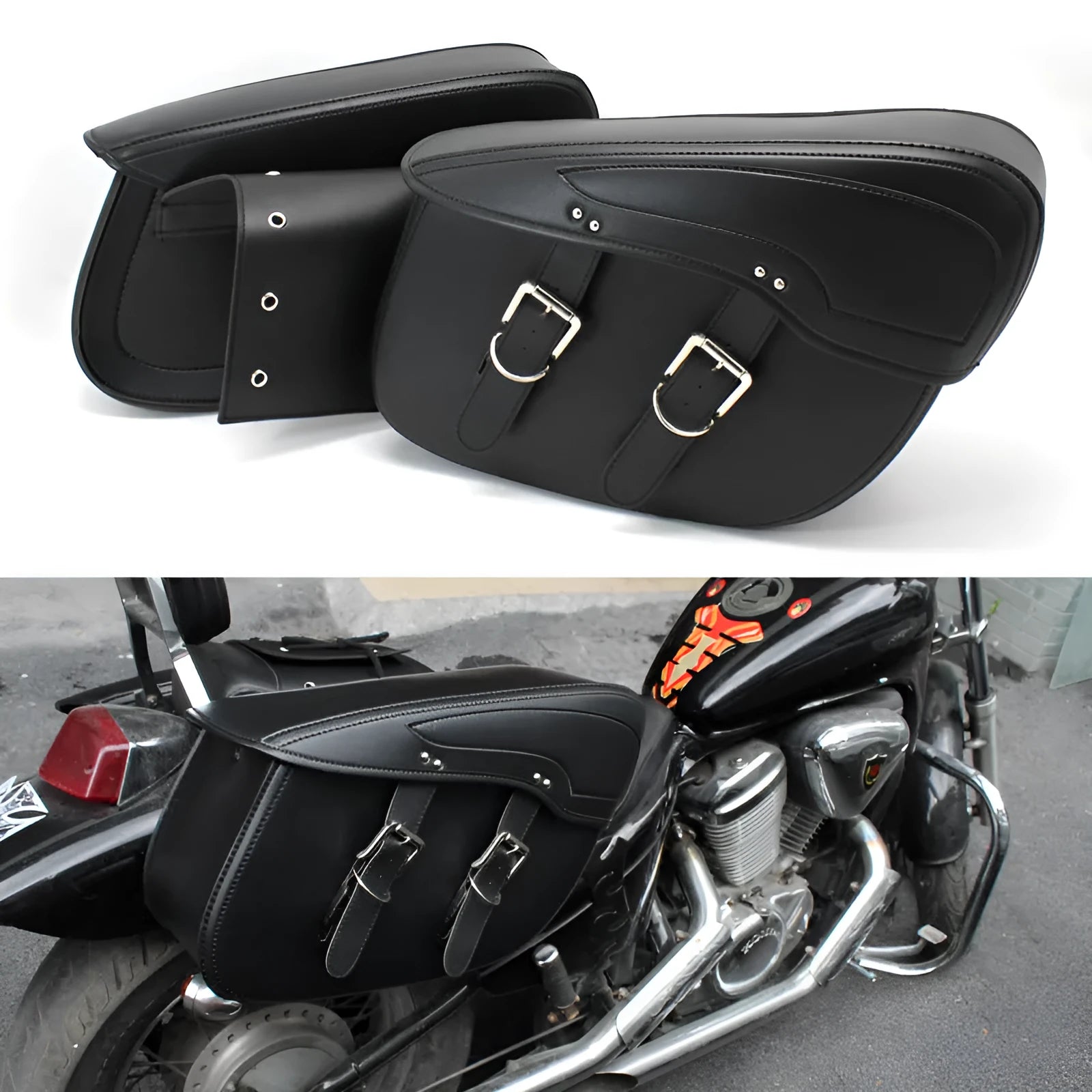 Retro motorcycle side box in PU leather measuring 42cm long with black and brown colour options