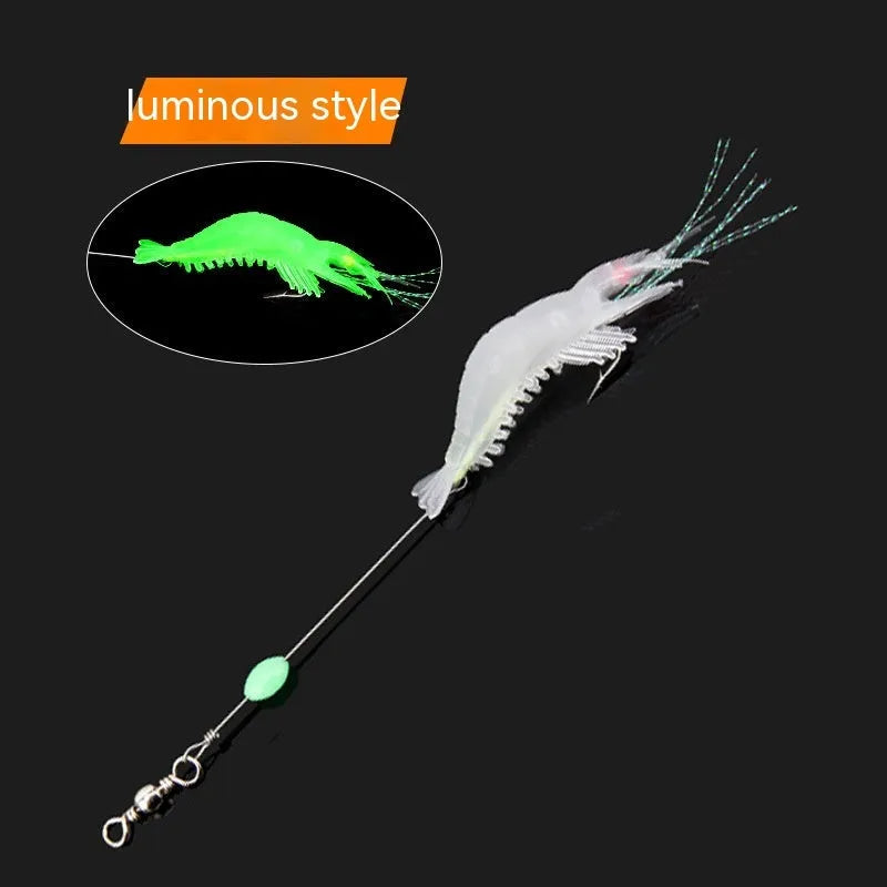 Six soft luer fishing lures with 4cm hooks in assorted colours including luminous pink and black head yellow body