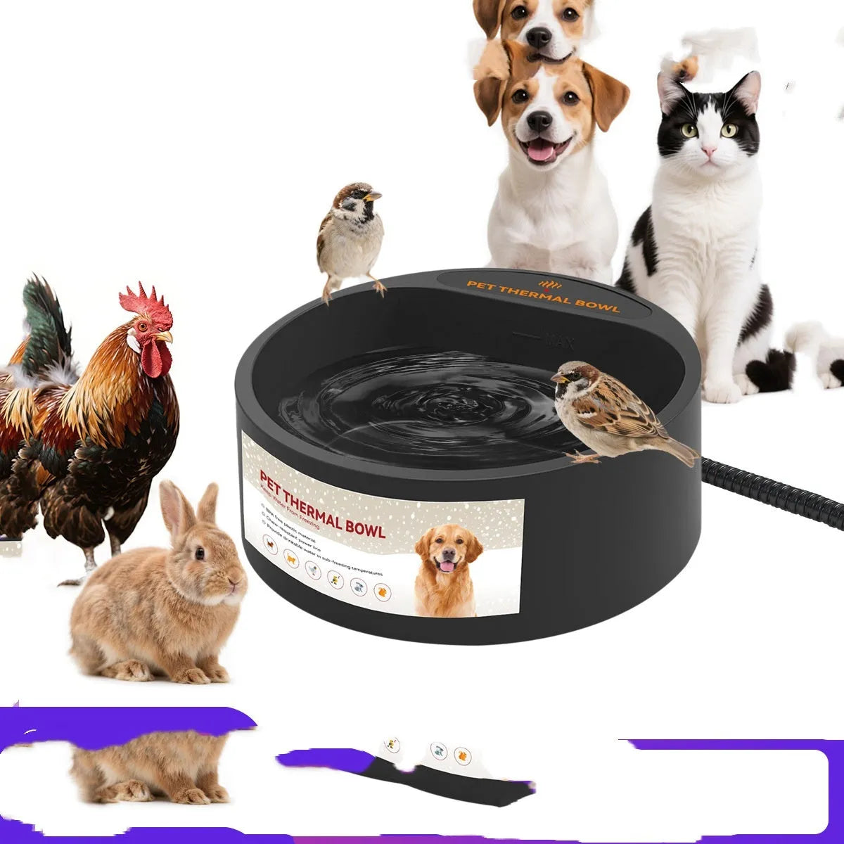 Black ABS plastic electric pet heating bowl with 2.2L capacity for cats and dogs