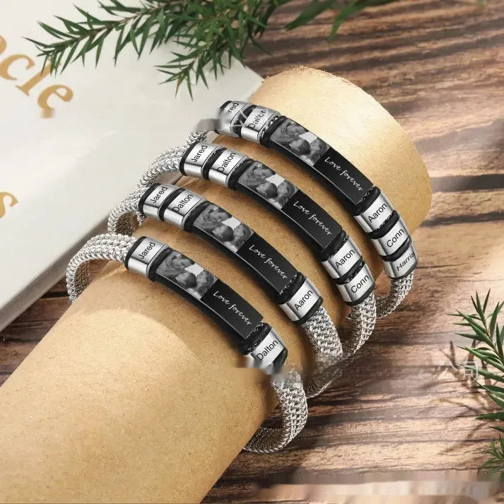 Men's stainless steel and leather rope lettering bracelet with heart shape design and multiple bead options