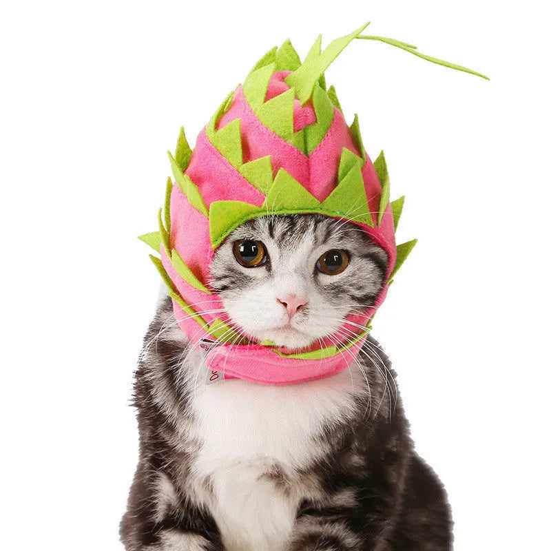 Pitaya fruit design pet hat in pink green for cats and dogs, size L, velvet felt and nylon, 28-42cm neck