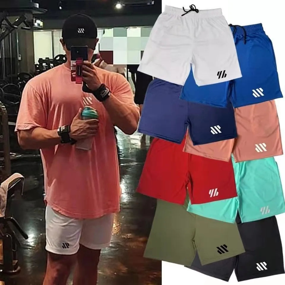 Men's loose fit metal silk fabric sports shorts for running, shown in multiple colour options.